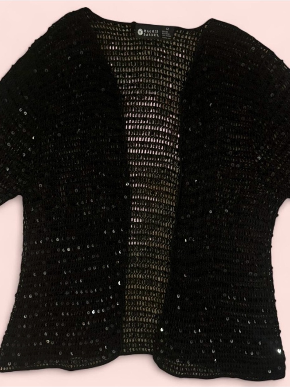 Maggie Barnes Black Silk Sequin Open Knit Mesh Cardigan Sheer Open Front Topper